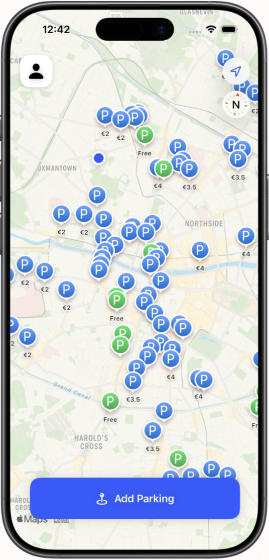 Curbie map view showing free and paid parking pins across a city