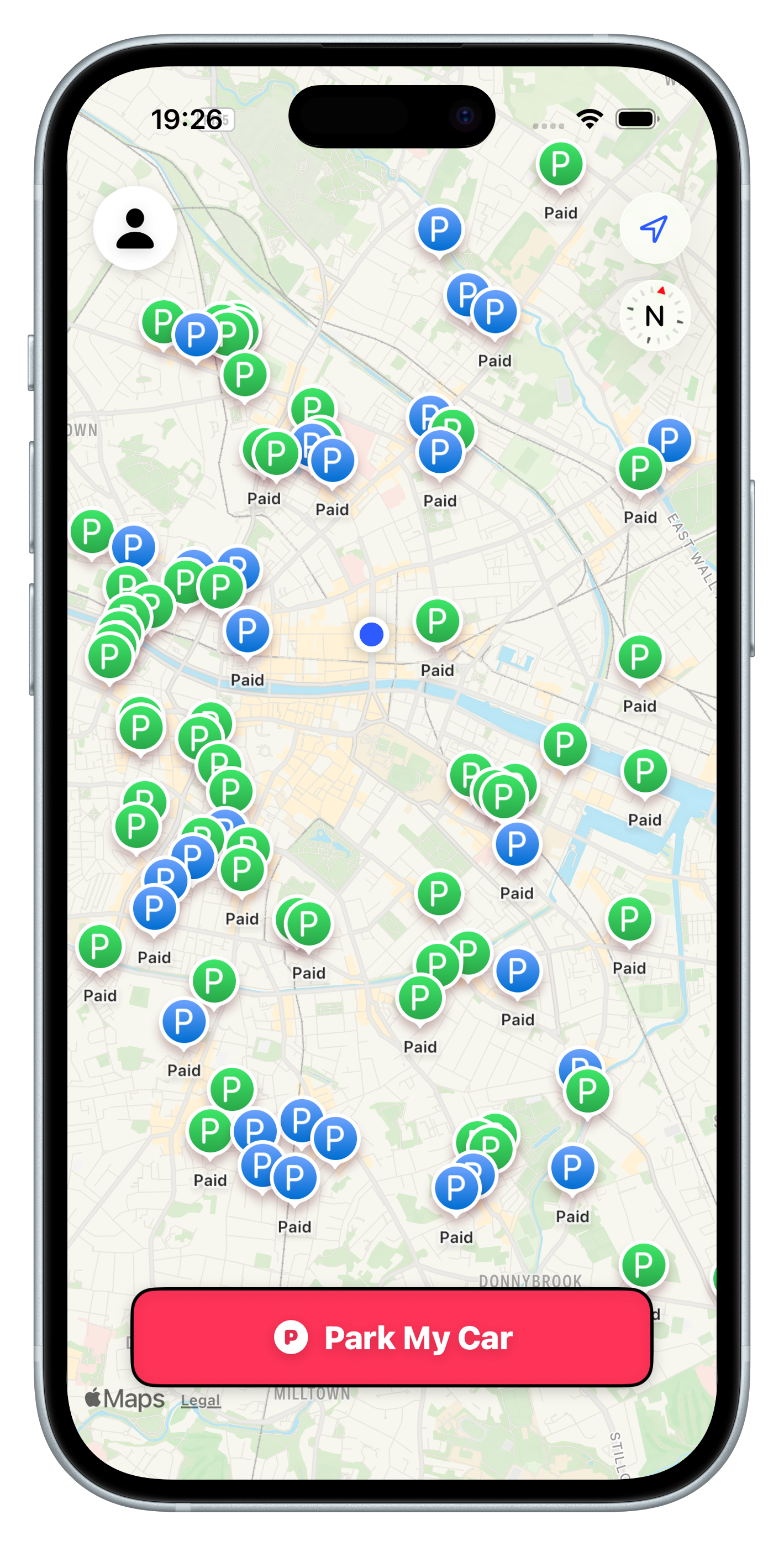 Curbie map view showing free and paid parking pins across a city