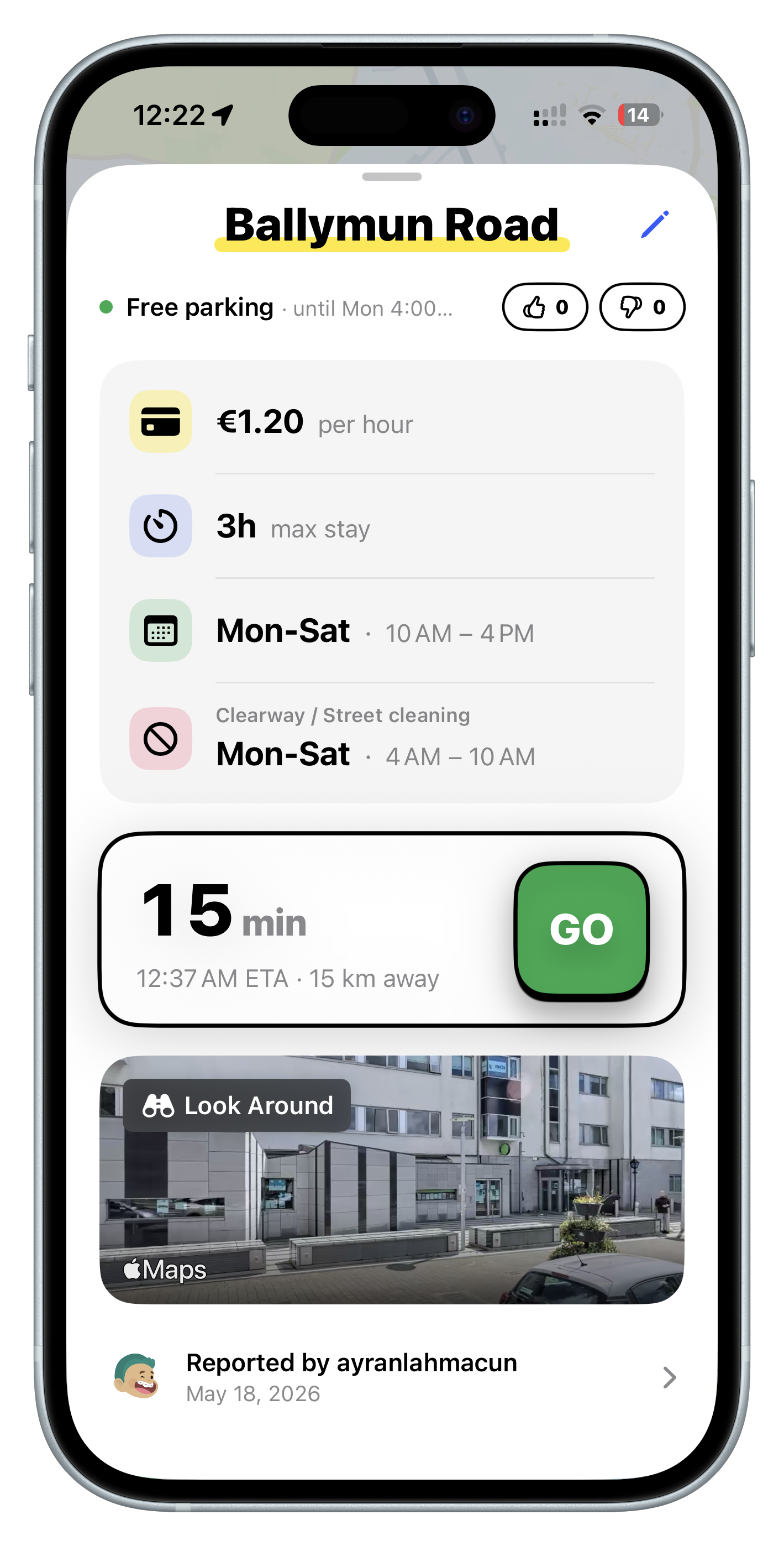 Curbie spot detail with price, max stay, hours, clearway window, and the driver who reported it