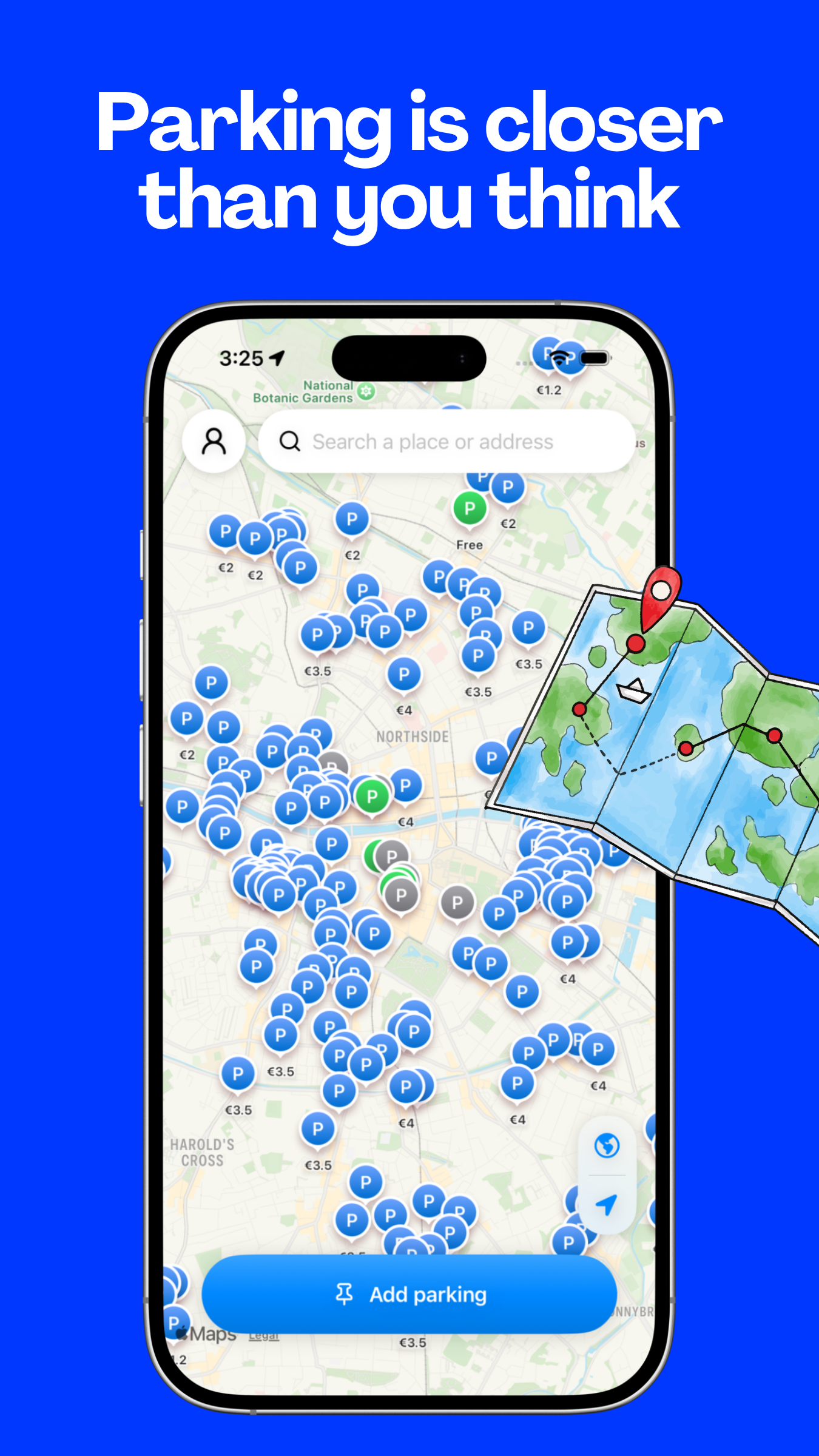 Curbie map view showing free and paid parking pins across a city